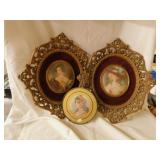 Victorian round glass & metal framed art, 6.5" -