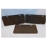 3 Indiana embossed metal license plates: