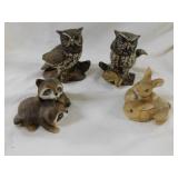 Homco porcelain: Pair of owls - Baby raccoons -