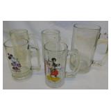 5 glass root beer mugs Mickey Mouse & Minnie