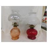 Peach glass oil lamp w/ glass shade - Decorative