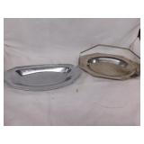 2 silver tone trays: 2 w/ handle - 1 etched