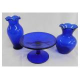 2 small cobalt blue vases w/ ruffled tops - 1