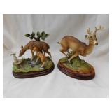 2 bisque deer on wooden bases, 8.5" tall