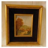 Original painting house w/ hills & tree, framed,