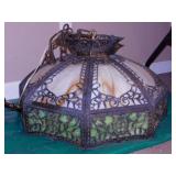 Antique carmel & emerald slag glass pendant lamp