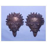 Pair of small brass African tribal wall art masks,