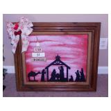 Lighted nativity scene in frame, 27" x 24" -
