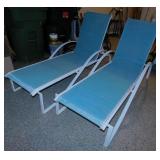 Pair of woven mesh adjustable patio lounge chairs,