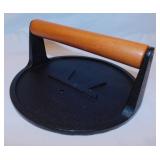 Cast iron burger panini press w/ wood handle -