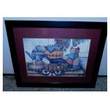 Folk art cat print by Laurie Korsgaden, matted &