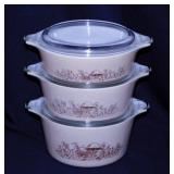 Three 1981 Pyrex Forest Fancies casseroles w/