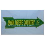 3 embossed metal John Deere signs, largest is
