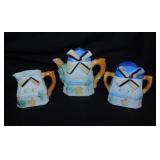 Dutch windmill teapot w/ creamer & covered sugar