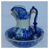 Flow Blue reproduction pitcher & bowl set,