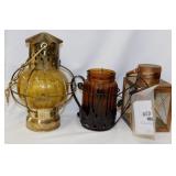 Hanging amber glass & brass oil lantern - Metal