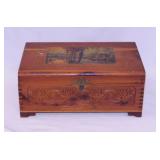 Carved cedar dresser box w/ mirror, 10.5" x 6" x