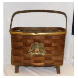 Mid Century split woven wood sewing basket w/