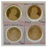 Four 2014 & 2015 proof Sacagawea Golden Dollar