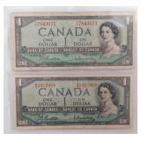 Two 1954 Canada one dollar banknote bills