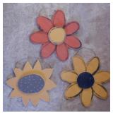 3 large hand painted wooden fence flowers -
