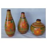 Set of 3 hand painted glazed ceramic vases -