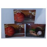 3 new stretched canvas sports clocks, 8" x 6"