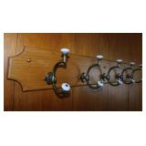 Hand crafted oak hat & coat rack w/ brass &