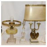 3 vintage table lamps: Electrified glass kerosene