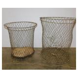 2 primitive wire waste baskets, 14" & 16" tall