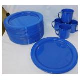 Blue speckled graniteware: 26 plates and 4 mugs,