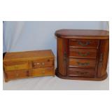 2 wooden jewelry boxes full of costume jewelry: