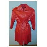 Ladies red leather Winter dress coat w/ belt,