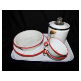 8 pieces of enamelware including Pyrex insert