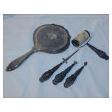 Antique silverplate handled desk set & dresser