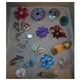18 vintage brooch pins: AB rhinestones - Kenneth