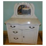 Antique oak wash stand w/ beveled mirror, painted