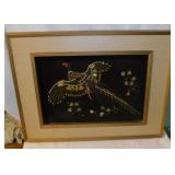 1970's black velvet rhinestone bead pheasant bird