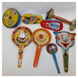 8 vintage tin litho & wood party noise makers