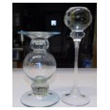2 Uranium glass candlesticks, 7" and 9.5" tall,