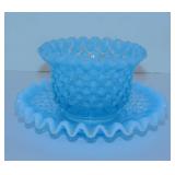 Fenton hobnail opalescent blue ruffle glass dish,