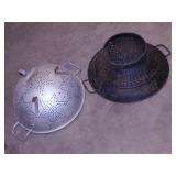 2 vintage metal colanders - Corn sheller wheel -