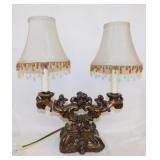 Candelabra style gilded table lamp w/ linen &
