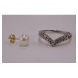 10K white gold chevron band ring - 1 pearl earring