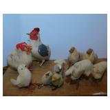 Antique farm sheep & rooster w/ hen & chicks,