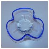 Vintage blue rimmed folded art glass candy dish,