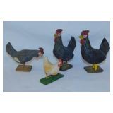 Primitive folk art carved wood chickens, tallest