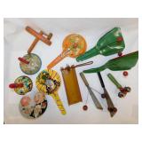 12 vintage tin litho & wood party noise makers