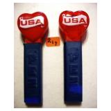 Two 2002 Red & Red Crystal USA Heart No Feet PEZ