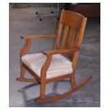 Antique oak slat back upholstered seat rocking